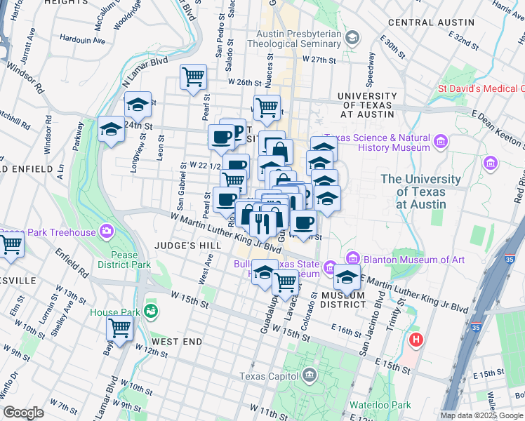 map of restaurants, bars, coffee shops, grocery stores, and more near 2016 San Antonio Street in Austin