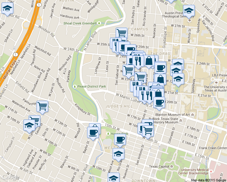 map of restaurants, bars, coffee shops, grocery stores, and more near 1003 West Martin Luther King Junior Boulevard in Austin