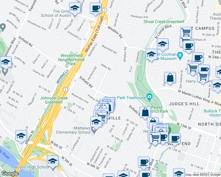 map of restaurants, bars, coffee shops, grocery stores, and more near 1504 West Lynn Street in Austin