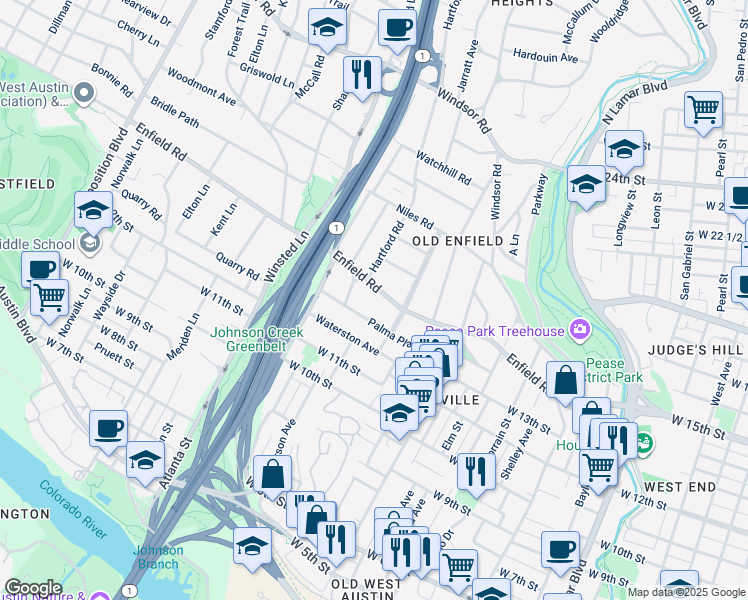 map of restaurants, bars, coffee shops, grocery stores, and more near 1705 Enfield Road in Austin