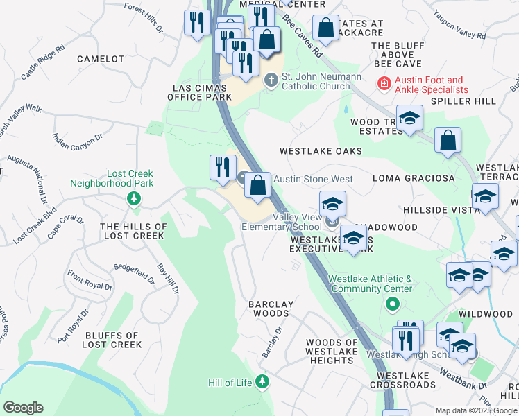map of restaurants, bars, coffee shops, grocery stores, and more near 1114 Lost Creek Boulevard in Austin