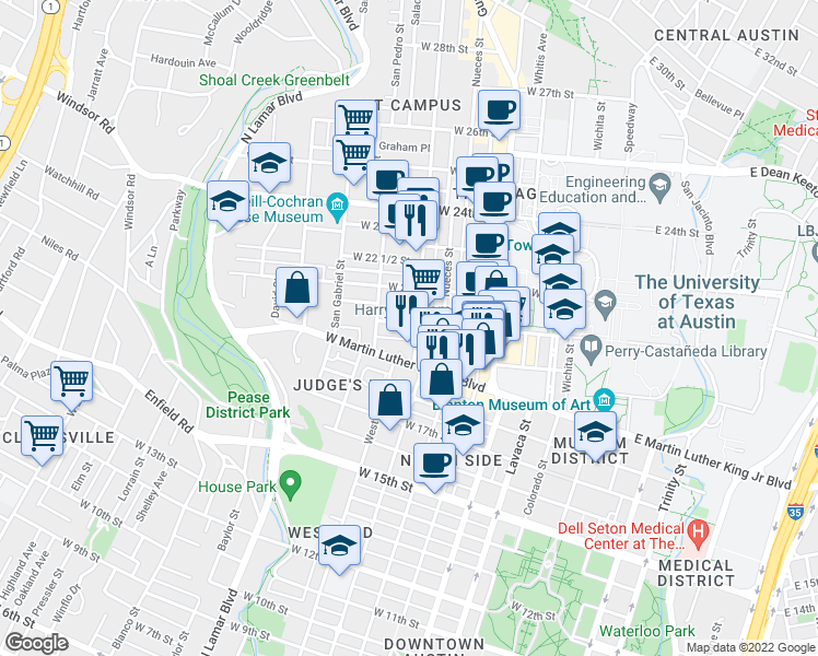 map of restaurants, bars, coffee shops, grocery stores, and more near 1910 Rio Grande Street in Austin