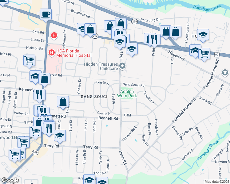 map of restaurants, bars, coffee shops, grocery stores, and more near 2147 Saul Drive in Jacksonville