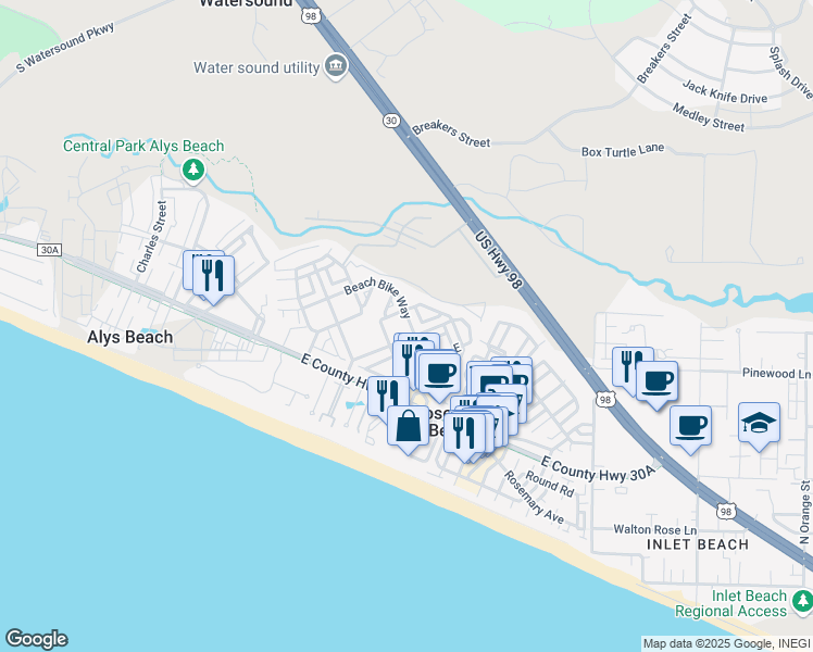map of restaurants, bars, coffee shops, grocery stores, and more near 87 Beach Bike Way in Panama City Beach