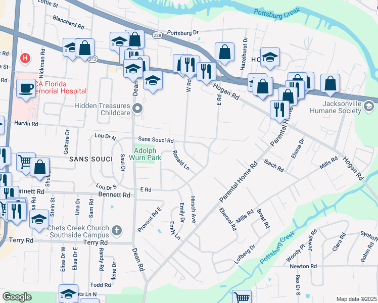 map of restaurants, bars, coffee shops, grocery stores, and more near 2043 Ronald Lane in Jacksonville