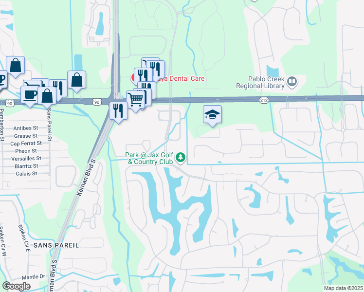 map of restaurants, bars, coffee shops, grocery stores, and more near 12782 Avalon Cove Drive South in Jacksonville