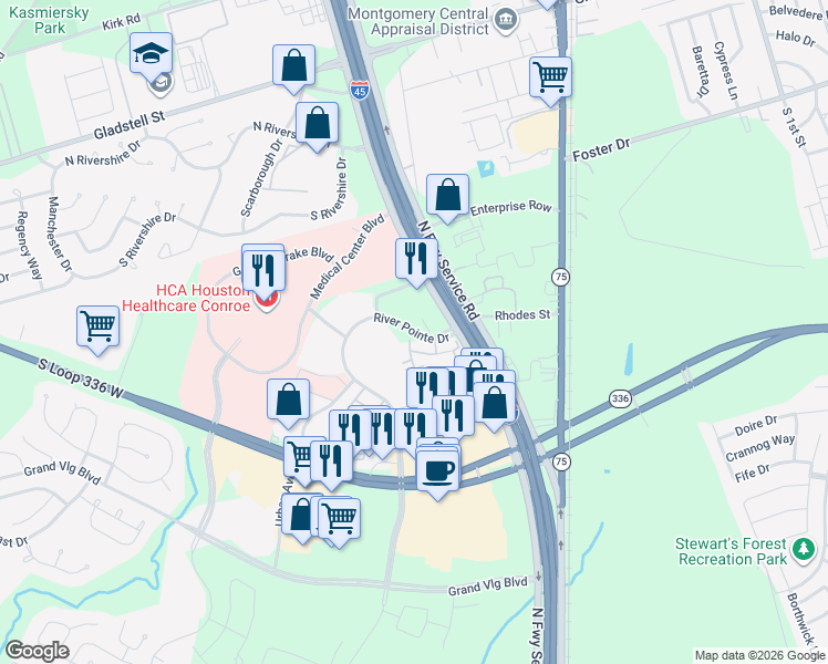 map of restaurants, bars, coffee shops, grocery stores, and more near 211 River Pointe Drive in Conroe