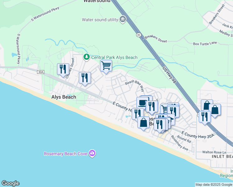 map of restaurants, bars, coffee shops, grocery stores, and more near 72 West Blue Crab Loop in Panama City Beach