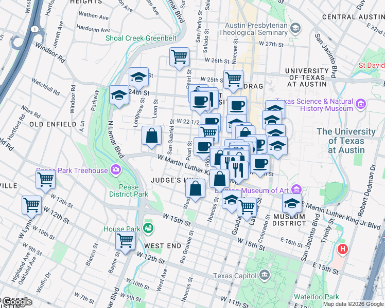 map of restaurants, bars, coffee shops, grocery stores, and more near 805 West Martin Luther King Junior Boulevard in Austin