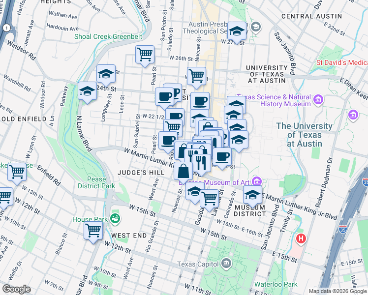 map of restaurants, bars, coffee shops, grocery stores, and more near Nueces St & W 21st St in Austin