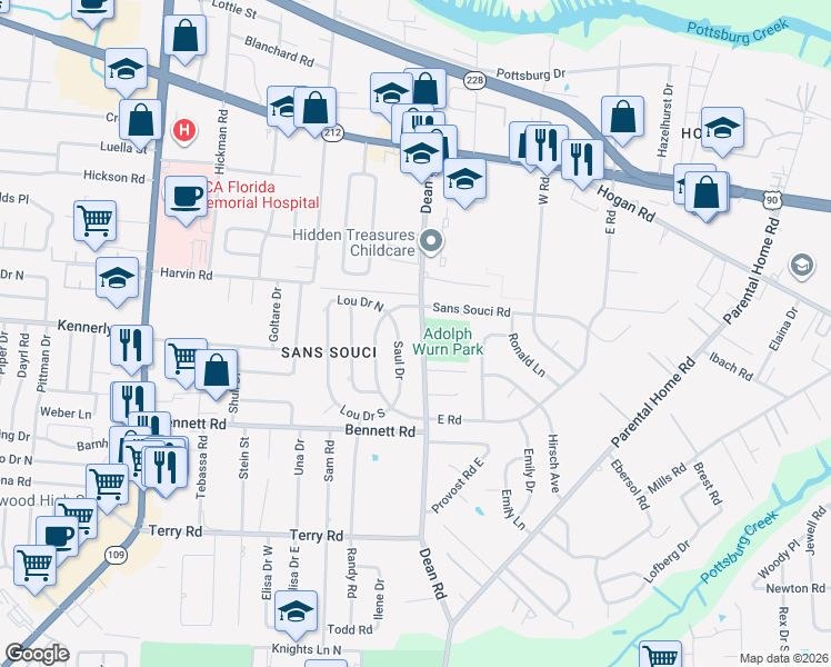 map of restaurants, bars, coffee shops, grocery stores, and more near 2147 Saul Drive in Jacksonville