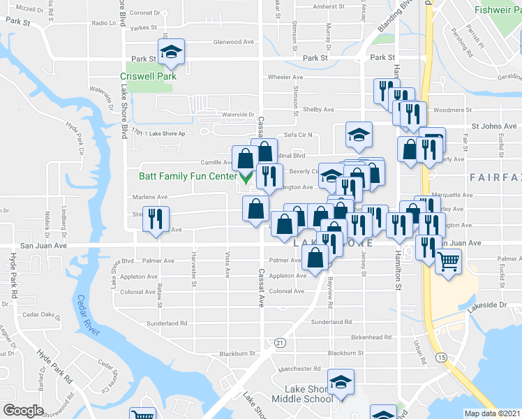 map of restaurants, bars, coffee shops, grocery stores, and more near Cassat Ave & Shirley Ave in Jacksonville