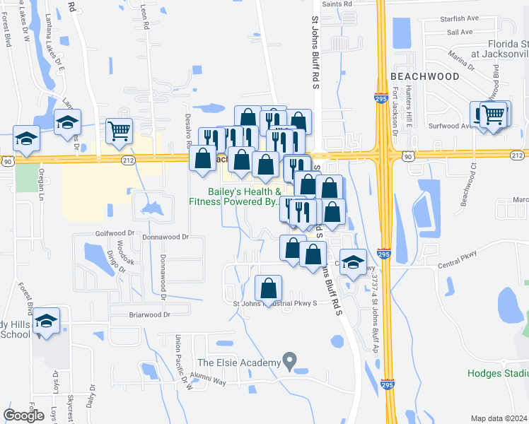 map of restaurants, bars, coffee shops, grocery stores, and more near 3544 St. John's Bluff Road South in Jacksonville