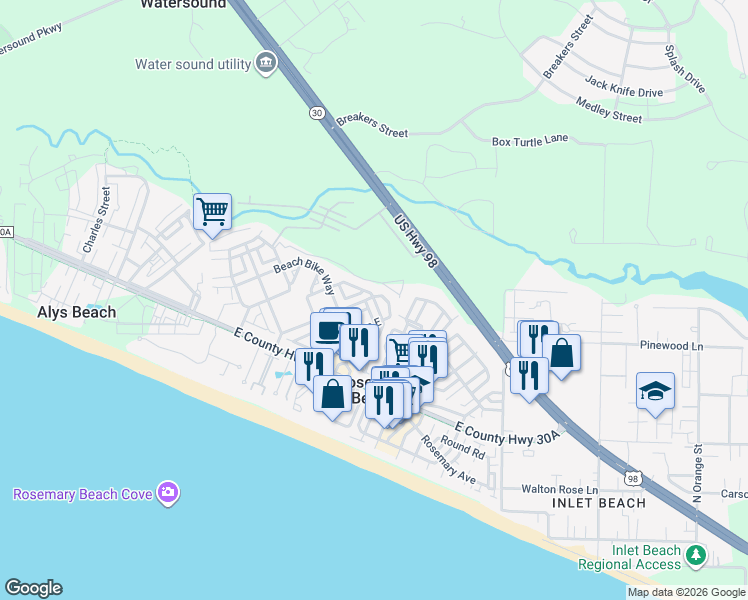 map of restaurants, bars, coffee shops, grocery stores, and more near 3 Lifeguard Loop East in Panama City Beach
