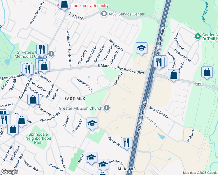 map of restaurants, bars, coffee shops, grocery stores, and more near 4600 Tannehill Lane in Austin
