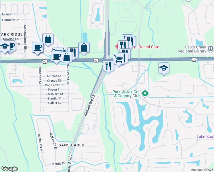 map of restaurants, bars, coffee shops, grocery stores, and more near Unnamed Road in Jacksonville