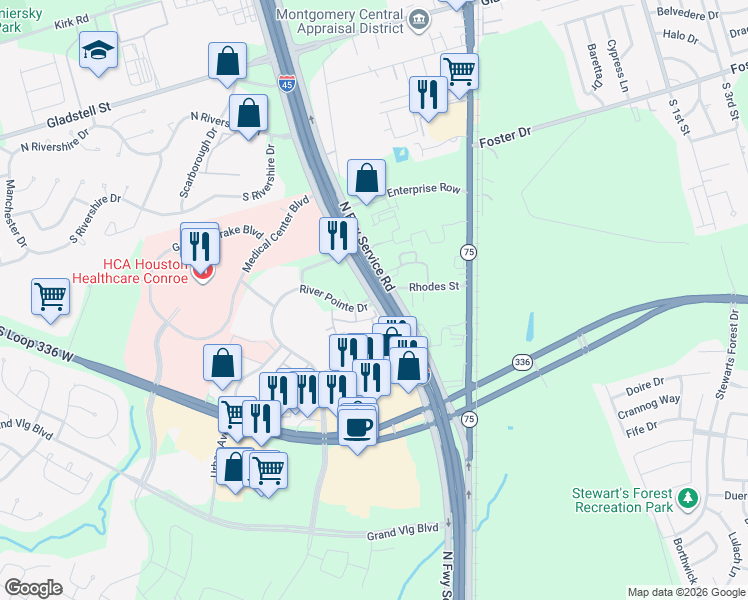 map of restaurants, bars, coffee shops, grocery stores, and more near 199 River Pointe Drive in Conroe