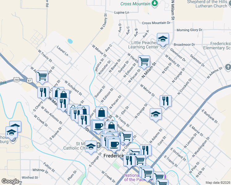 map of restaurants, bars, coffee shops, grocery stores, and more near 508 North Pecan Street in Fredericksburg