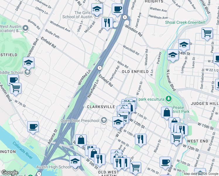 map of restaurants, bars, coffee shops, grocery stores, and more near 1705 Enfield Road in Austin