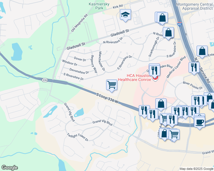 map of restaurants, bars, coffee shops, grocery stores, and more near 1150 Texas 336 Loop in Conroe