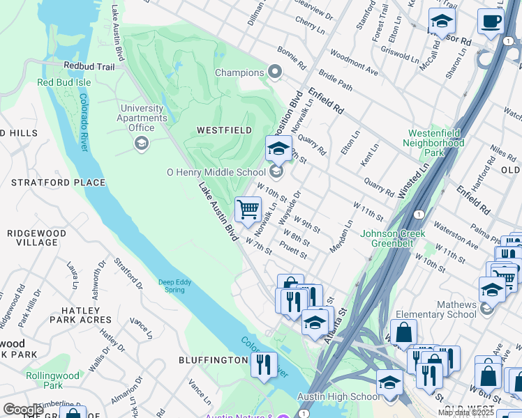 map of restaurants, bars, coffee shops, grocery stores, and more near 2604 West 8th Street in Austin