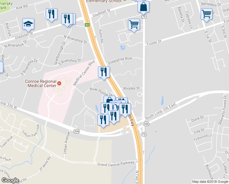 map of restaurants, bars, coffee shops, grocery stores, and more near 114 River Pointe Drive in Conroe