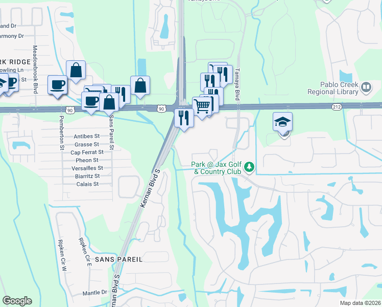 map of restaurants, bars, coffee shops, grocery stores, and more near Unnamed Road in Jacksonville