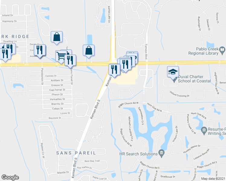 map of restaurants, bars, coffee shops, grocery stores, and more near Unnamed Road in Jacksonville