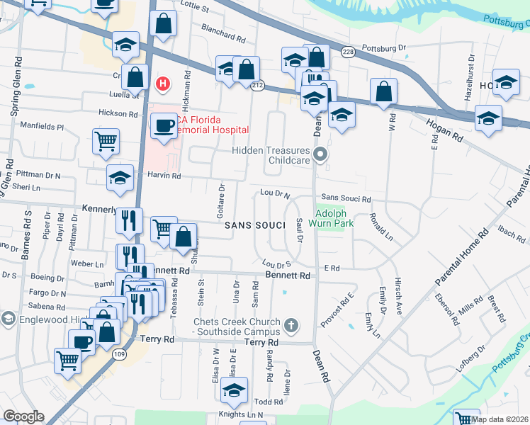 map of restaurants, bars, coffee shops, grocery stores, and more near in Jacksonville