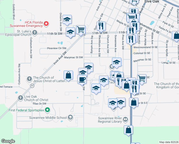map of restaurants, bars, coffee shops, grocery stores, and more near 1401-1475 Walker Avenue Southwest in Live Oak