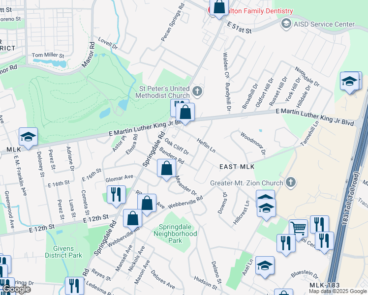 map of restaurants, bars, coffee shops, grocery stores, and more near 4713 Oak Cliff Drive in Austin