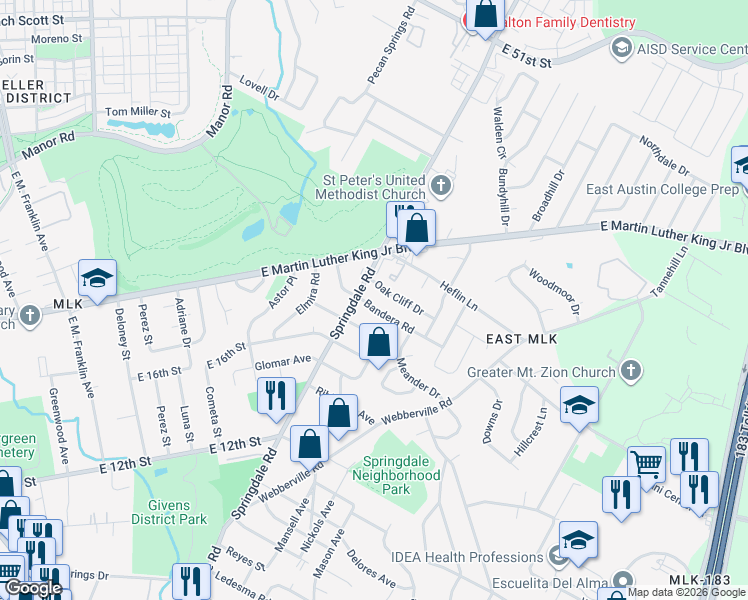 map of restaurants, bars, coffee shops, grocery stores, and more near 4611 Bandera Road in Austin