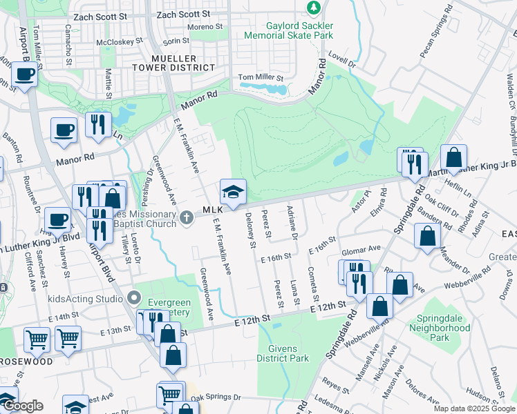 map of restaurants, bars, coffee shops, grocery stores, and more near 1805 Deloney Street in Austin