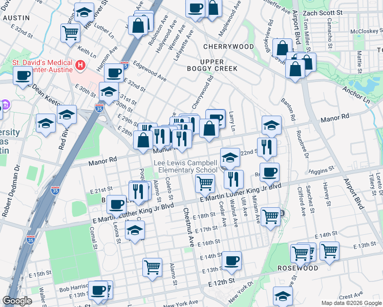map of restaurants, bars, coffee shops, grocery stores, and more near 2107 Maldon Place in Austin