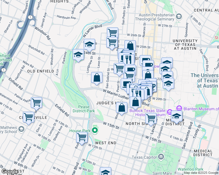 map of restaurants, bars, coffee shops, grocery stores, and more near 1907 San Gabriel Street in Austin