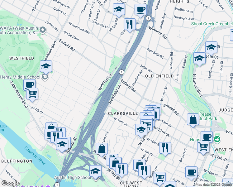 map of restaurants, bars, coffee shops, grocery stores, and more near 1303 Newfield Lane in Austin