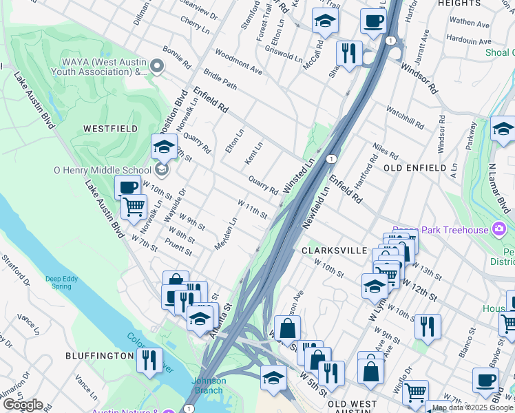 map of restaurants, bars, coffee shops, grocery stores, and more near 2117 West 11th Street in Austin
