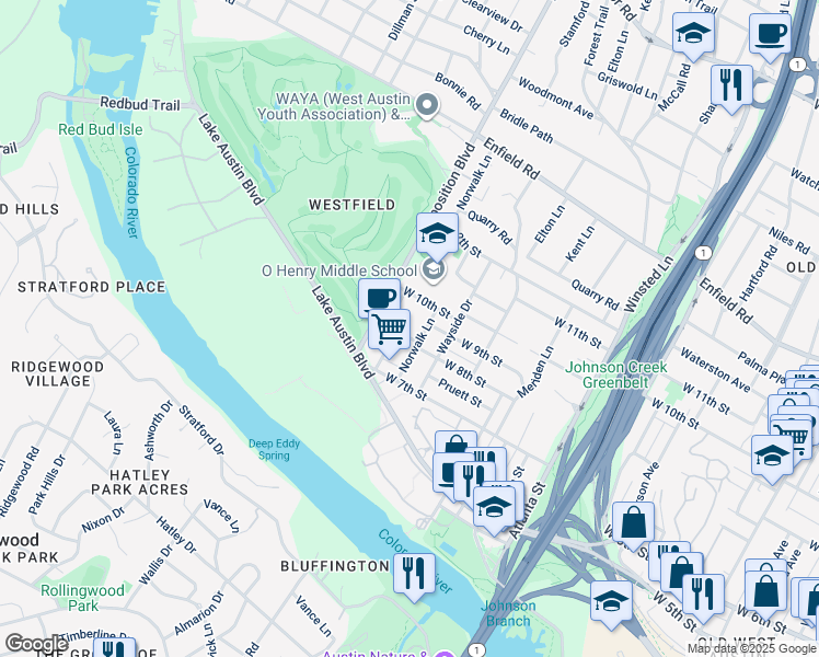 map of restaurants, bars, coffee shops, grocery stores, and more near 2601 West 8th Street in Austin