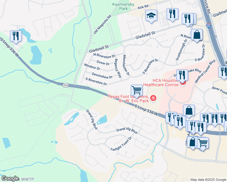 map of restaurants, bars, coffee shops, grocery stores, and more near 1400 South Loop 336 West in Conroe