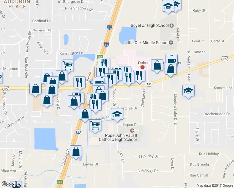 map of restaurants, bars, coffee shops, grocery stores, and more near 58506 Yaupon Drive in Slidell