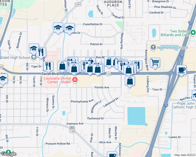 map of restaurants, bars, coffee shops, grocery stores, and more near 1327 Gause Boulevard in Slidell