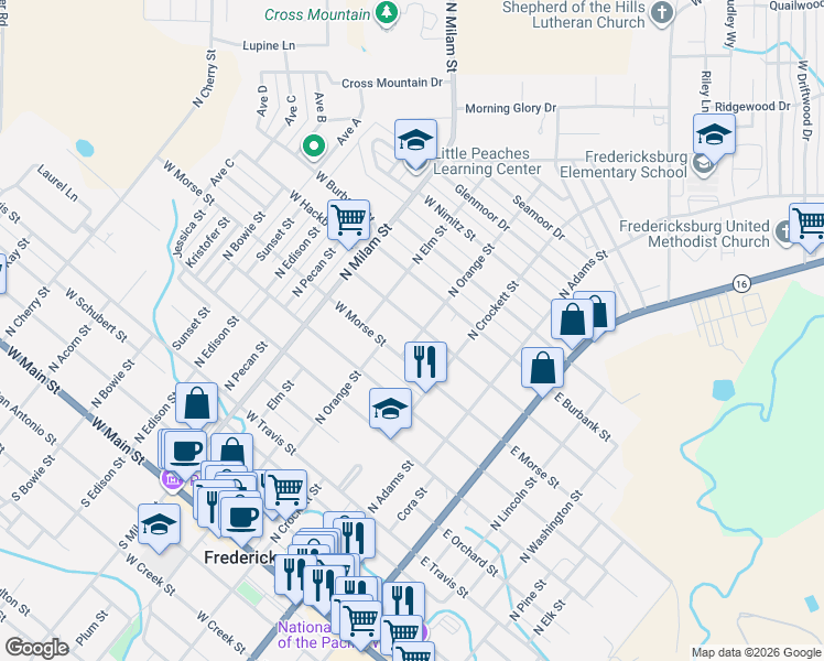 map of restaurants, bars, coffee shops, grocery stores, and more near 806 North Orange Street in Fredericksburg