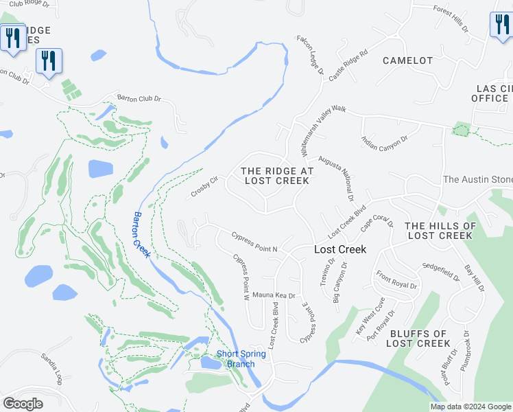 map of restaurants, bars, coffee shops, grocery stores, and more near 1719 Ben Crenshaw Way in Austin