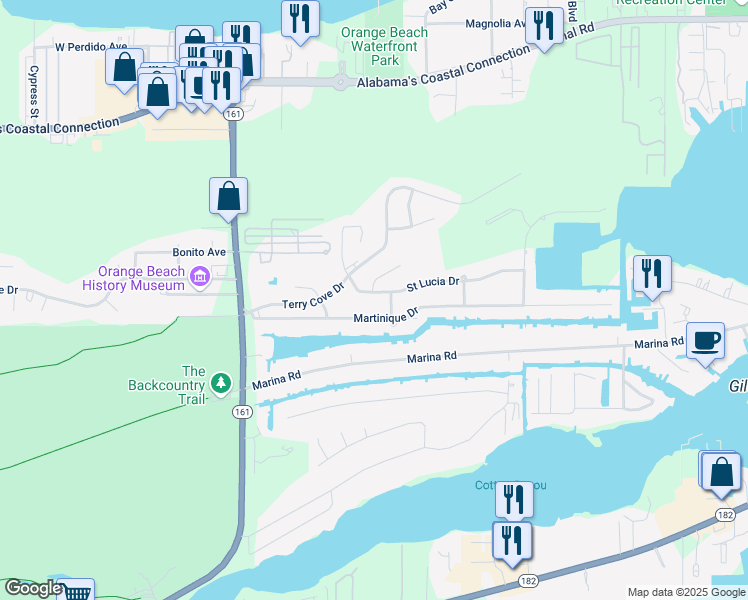 map of restaurants, bars, coffee shops, grocery stores, and more near 26537 Martinique Drive in Orange Beach