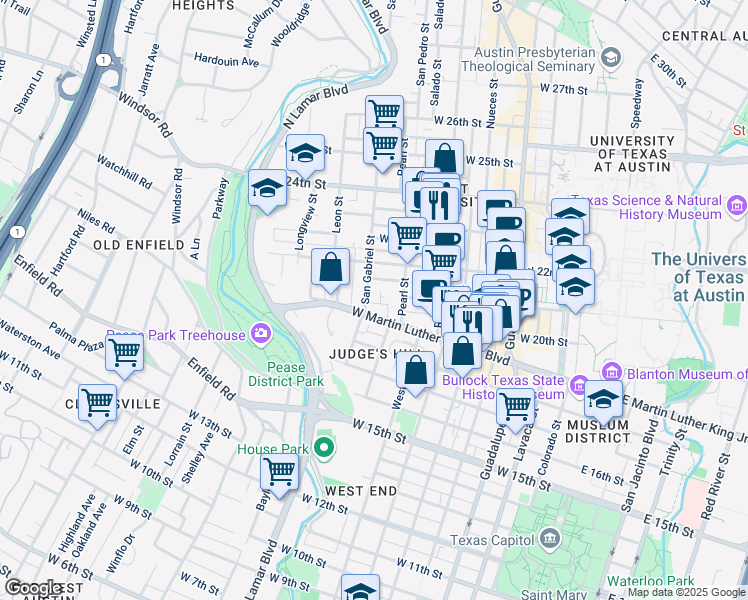map of restaurants, bars, coffee shops, grocery stores, and more near 1905 San Gabriel Street in Austin