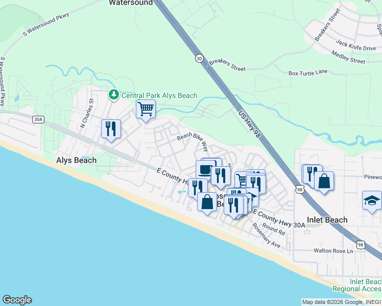 map of restaurants, bars, coffee shops, grocery stores, and more near 61 West Cobia Run in Alys Beach