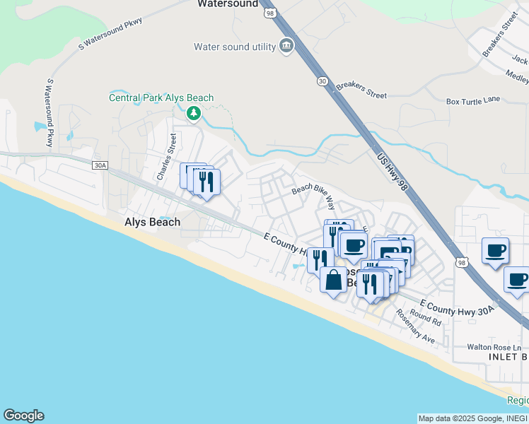 map of restaurants, bars, coffee shops, grocery stores, and more near 89 West Blue Crab Loop in Panama City Beach