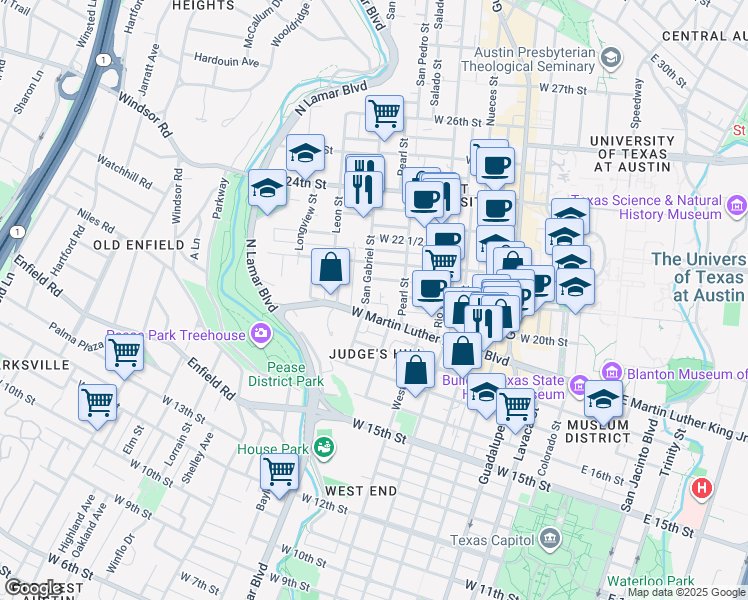 map of restaurants, bars, coffee shops, grocery stores, and more near 1907 San Gabriel Street in Austin