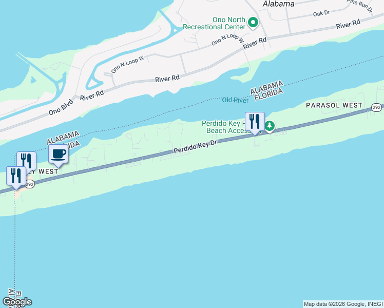 map of restaurants, bars, coffee shops, grocery stores, and more near 16777 Perdido Key Drive in Pensacola