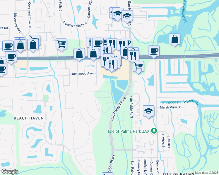map of restaurants, bars, coffee shops, grocery stores, and more near 3461 Washburn Road in Jacksonville